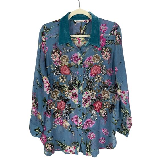 Soft Surroundings Sequins Embroidered Floral Top Roll Tab Sleeves Boho Sz Medium - Picture 3 of 16
